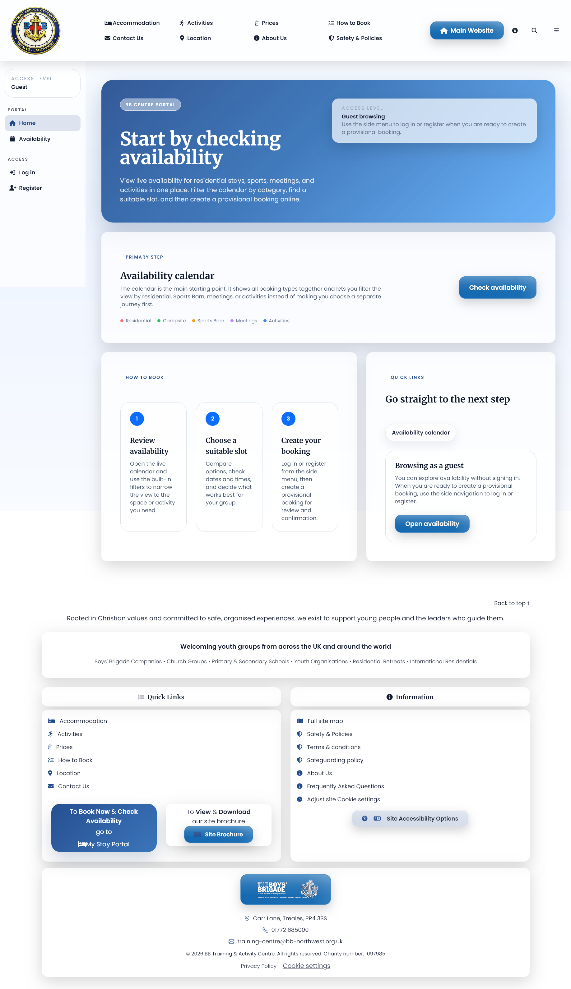 Booking portal home screen for the Centre